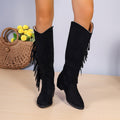 Sarah Express Women's Pointed-Toe Suede Tassel Long Boots Black