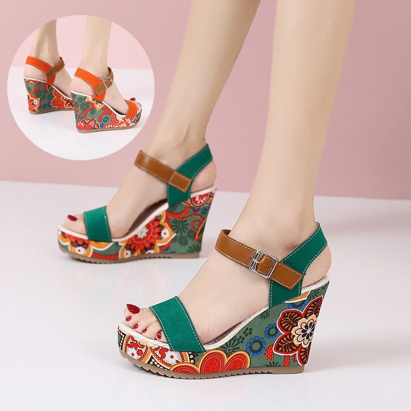 Sarah Express Floral Embroidered Platform Wedge Sandals