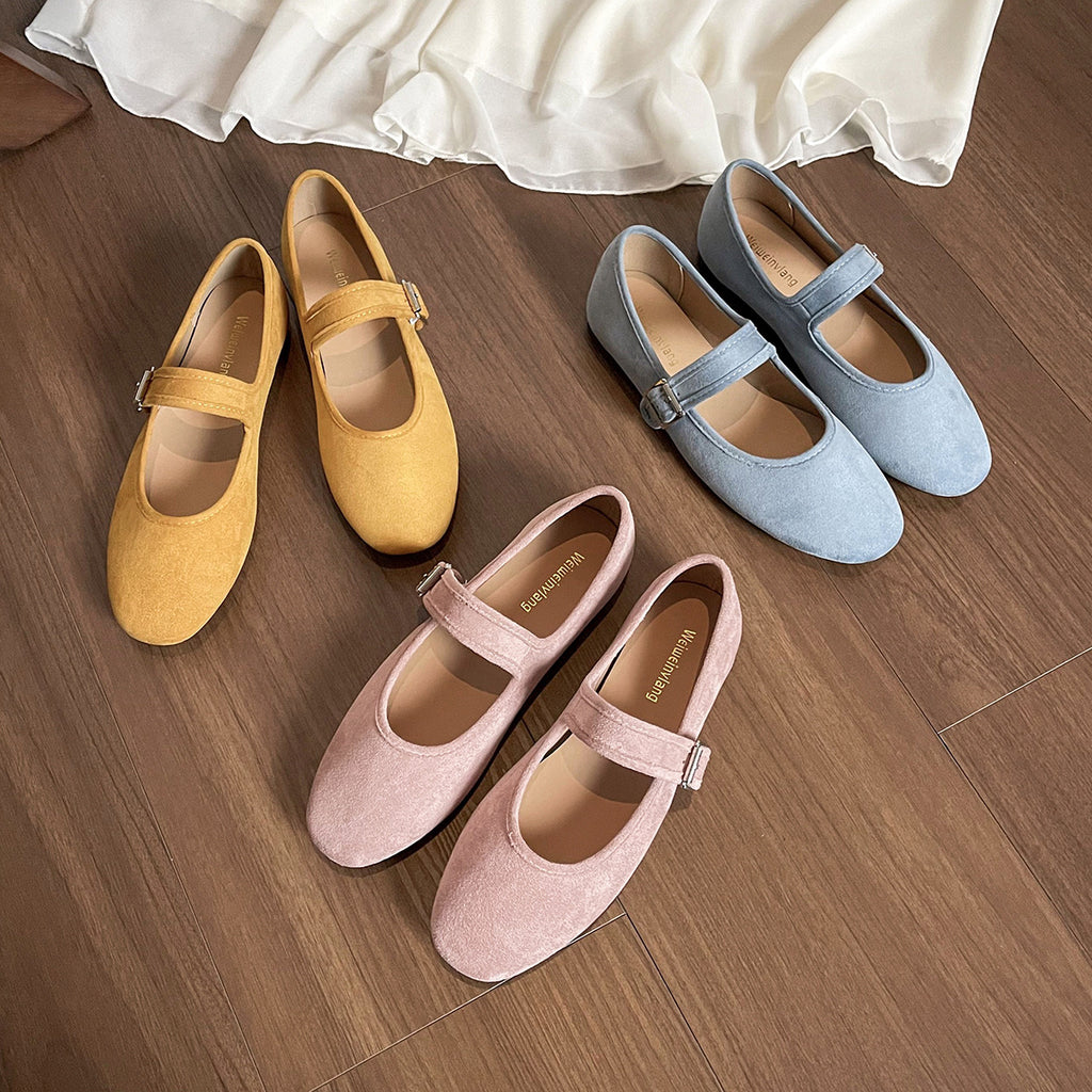Sarah Express Suede Ballet Flats with Buckle Strap