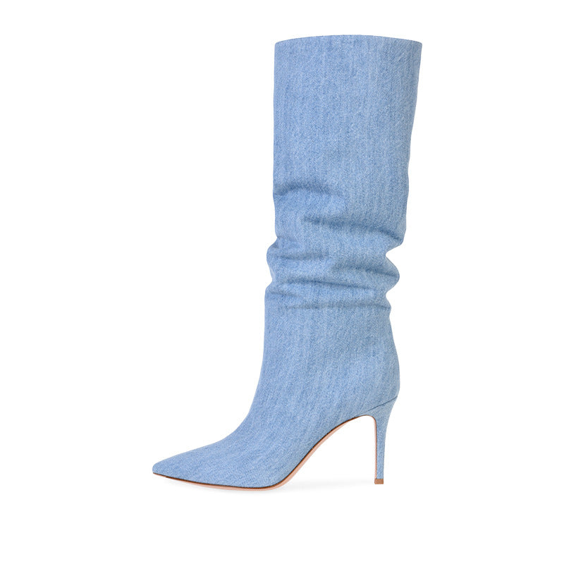 Sarah Express Women's Denim Stiletto Knee-High Boots Denim