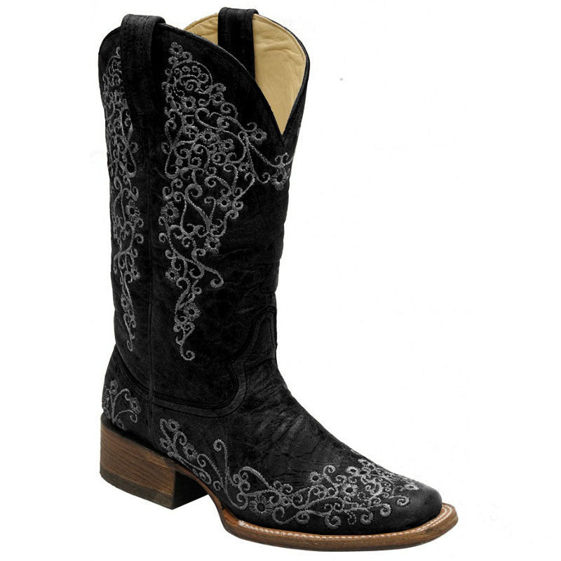 Sarah Express Embroidered Square Toe Mid-Calf Knight Boots Black