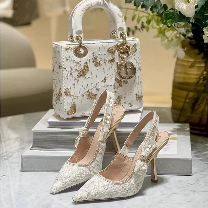 Sarah Express Gold Bow Strap Pointed Toe Heels