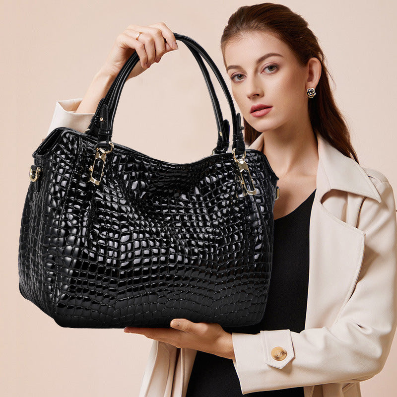 Sarah Express Crocodile Pattern Genuine Leather Tote Bag Black