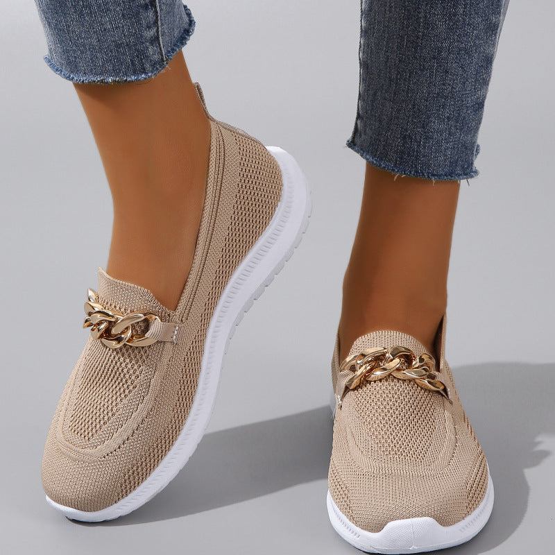 Sarah Express Flyknit Chain Detail Flat Sneakers Apricot