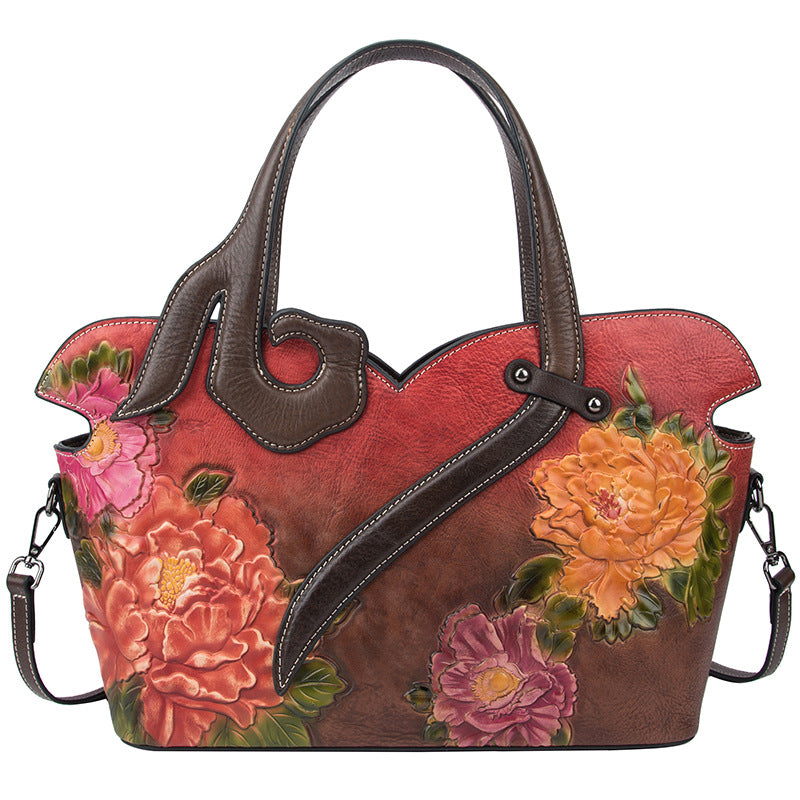 Sarah Express Floral Embossed Cowhide Leather Tote Bag