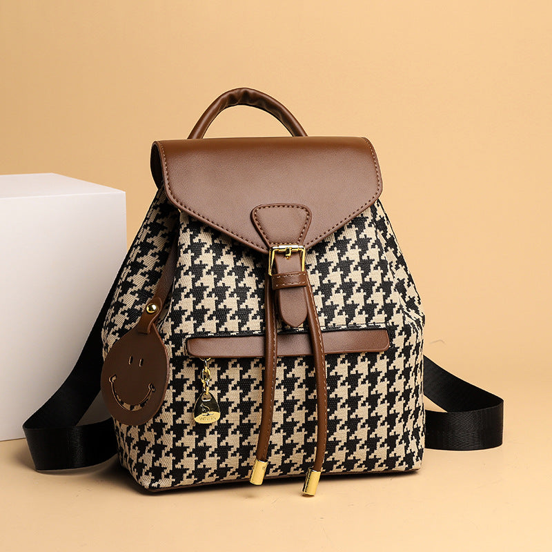 Sarah Express Houndstooth Pattern Casual Travel Backpack Ostrich with Khaki