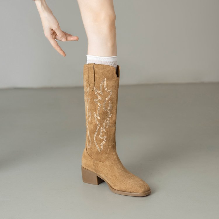 Sarah Express Retro Embroidered Western Square Toe Boots