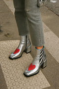 Sarah Express Silver Square Toe Chunky Heel Ankle Boots Silver