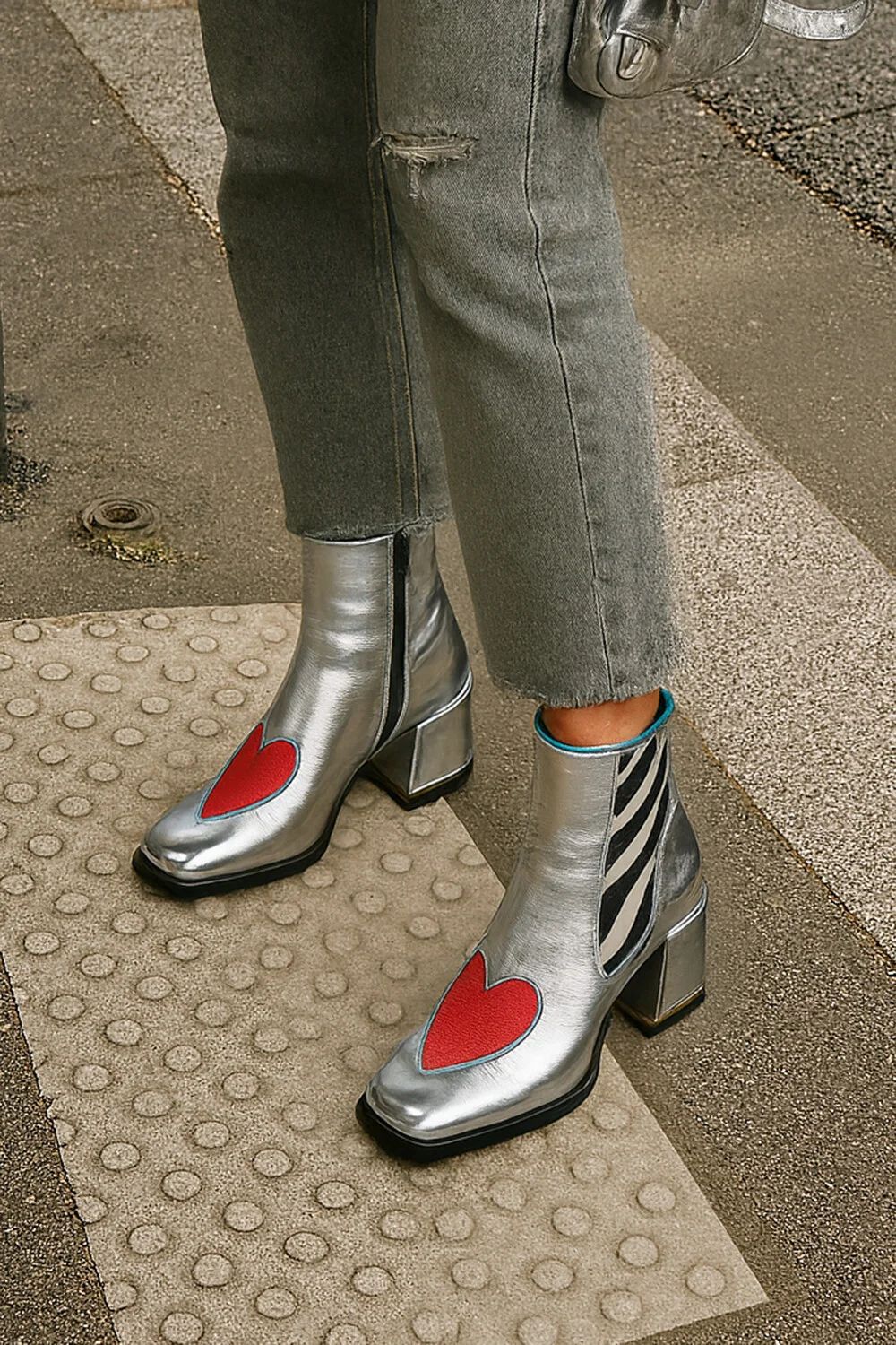 Sarah Express Silver Square Toe Chunky Heel Ankle Boots Silver