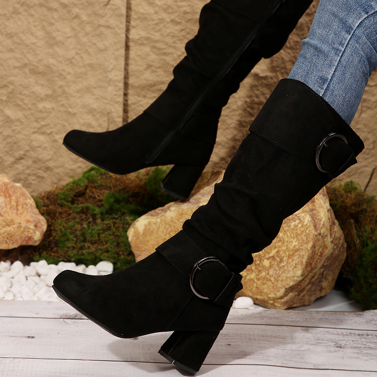 Sarah Express Suede Pointed Toe Chunky Heel Boots Black