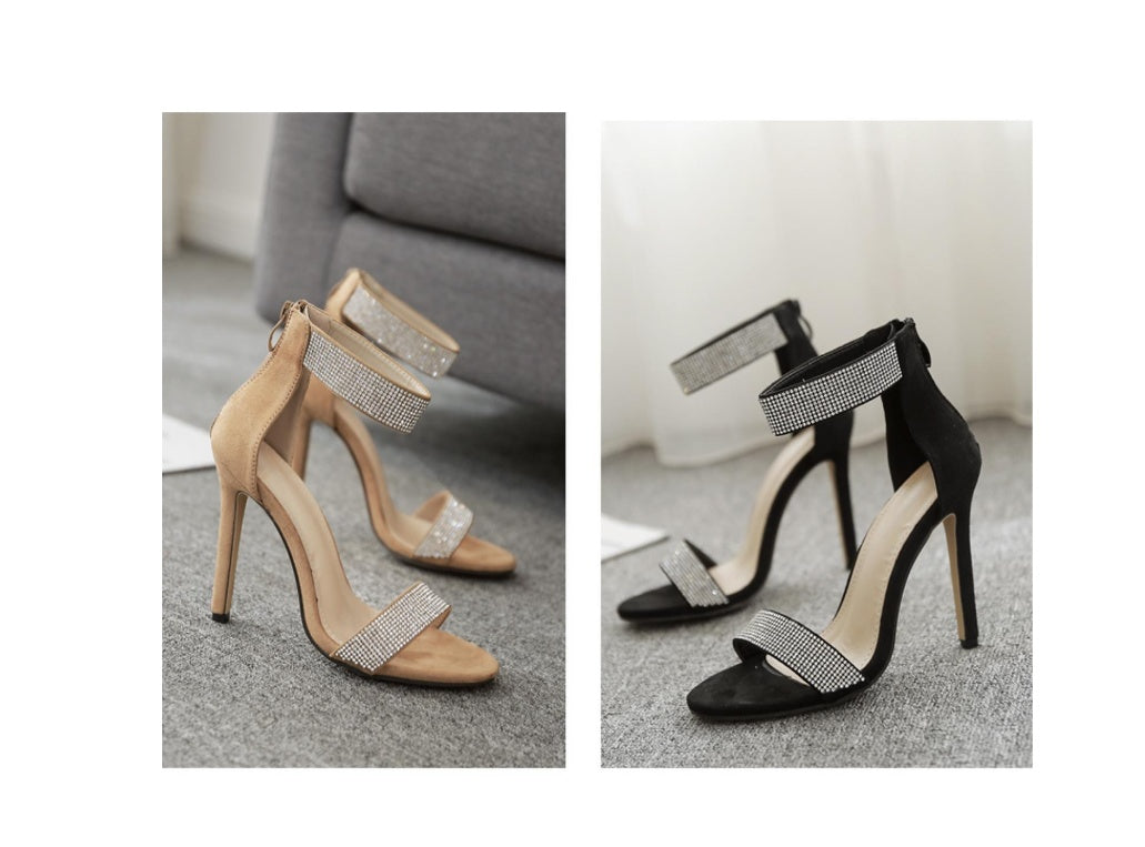 Sarah Express Rhinestone Ankle Strap Stiletto Sandals Apricot
