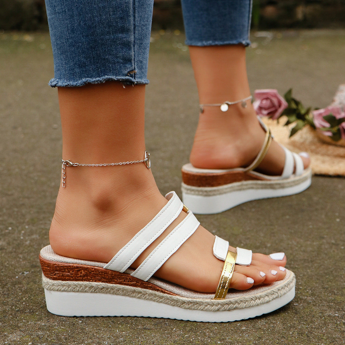 Sarah Express Colorblock Wedge Platform Slide Sandals White