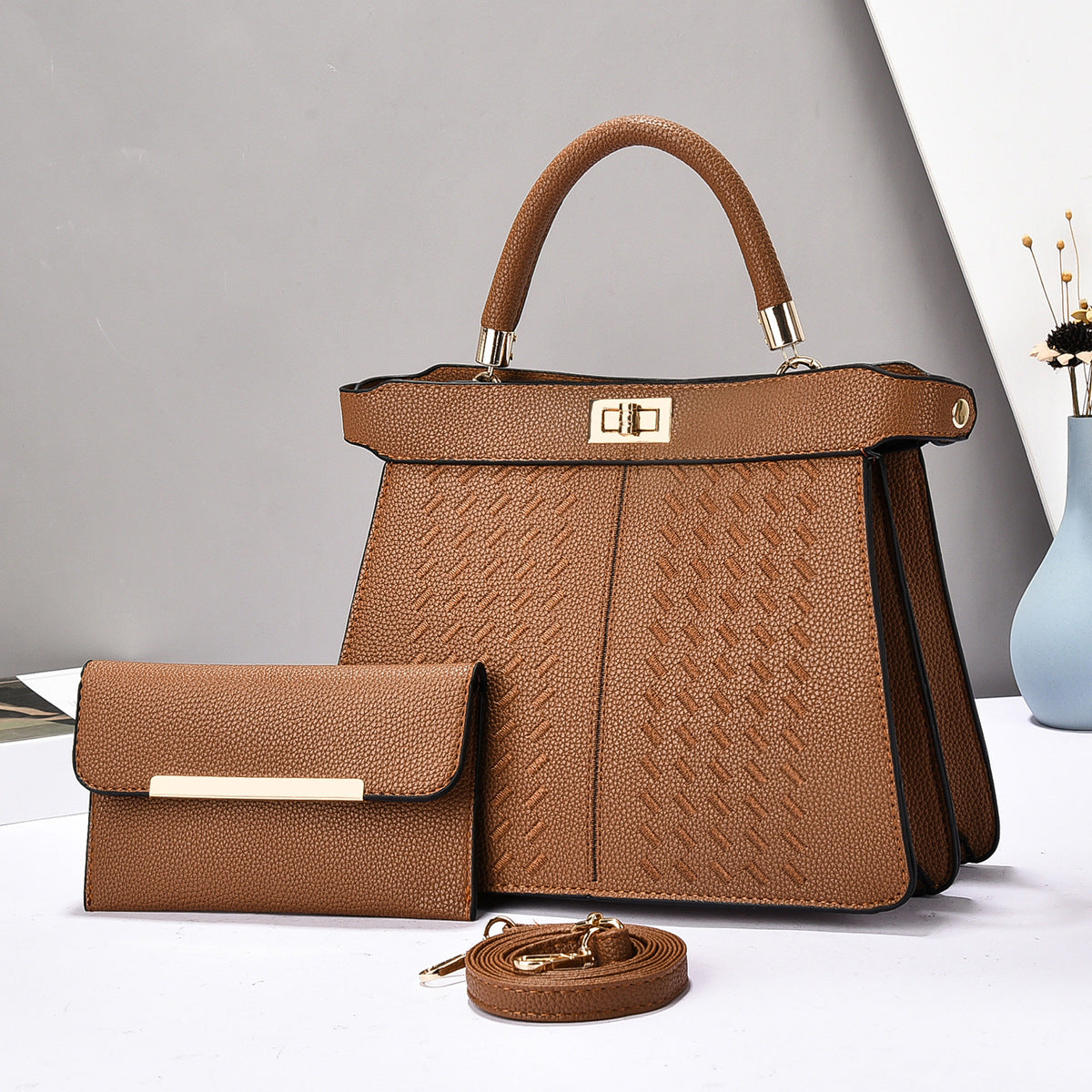 Sarah Express 2-in-1 Structured Bucket Bag Set Yellowish Brown