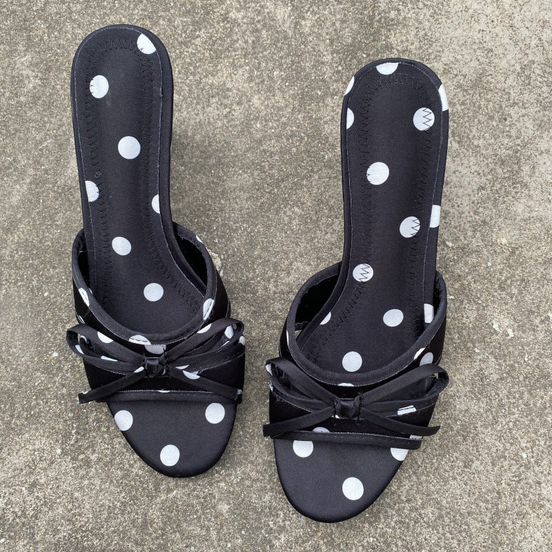 Sarah Express Polka Dot Satin Bow High Heel Slippers