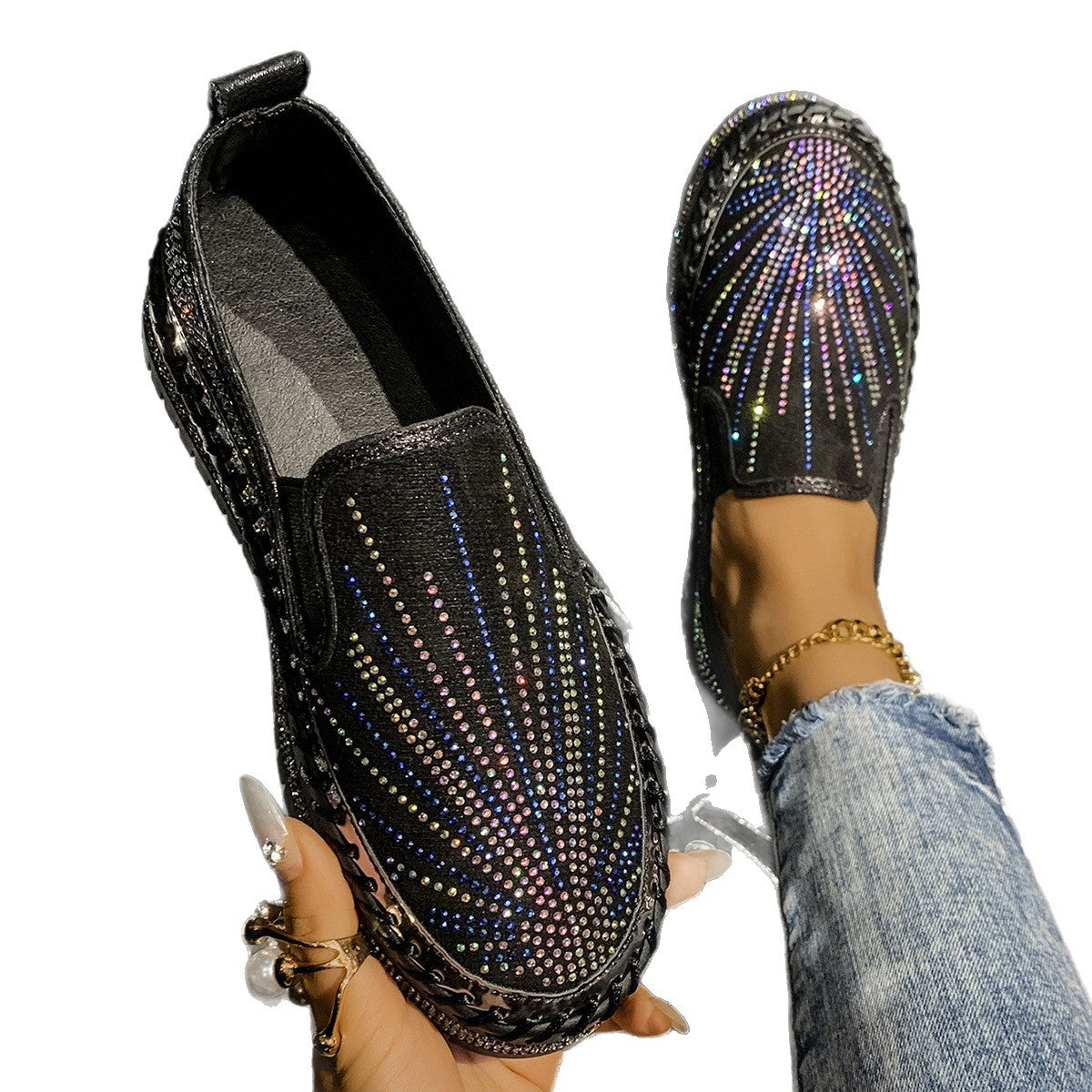 Sarah Express Women's Rhinestone Slip-On Thick Sole Loafers