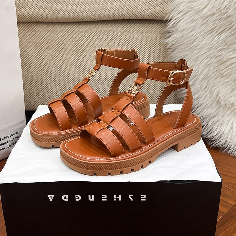 Sarah Express Retro Roman Buckle Flat Sandals Light brown 1133