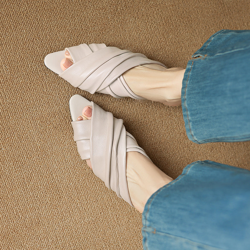Sarah Express Ruched Lambskin Square Toe Slide Sandals
