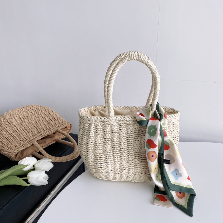 Sarah Express Hand-Woven Straw Drawstring Bucket Bag Beige
