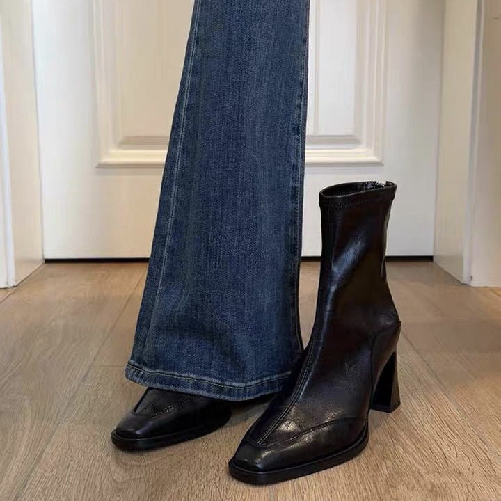 Sarah Express Women's Square Toe Chunky Heel Boots Black Single Liner