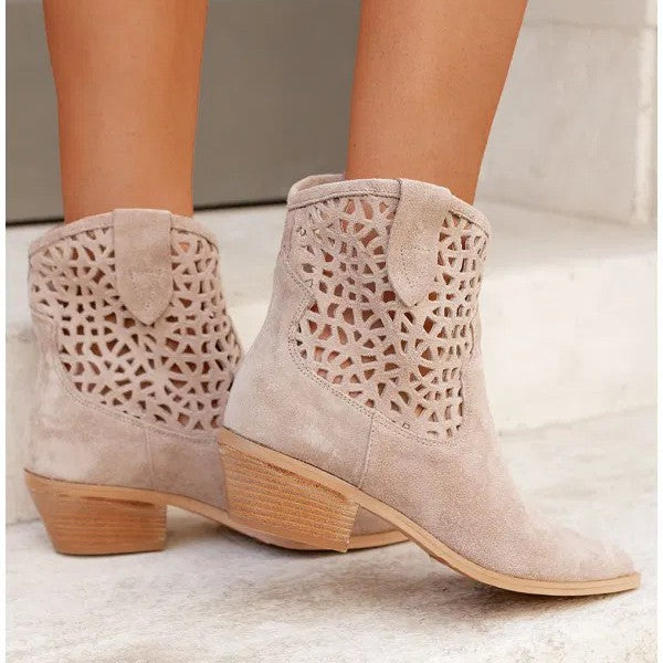 Sarah Express Women's Cutout Suede Chunky Heel Boots