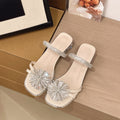 Sarah Express Rhinestone Embellished Thick Heel Slide Sandals Beige