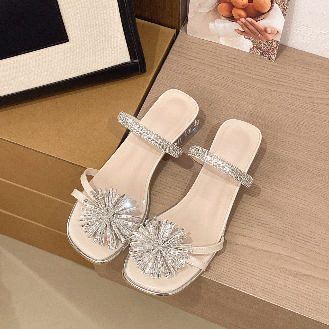 Sarah Express Rhinestone Embellished Thick Heel Slide Sandals Beige