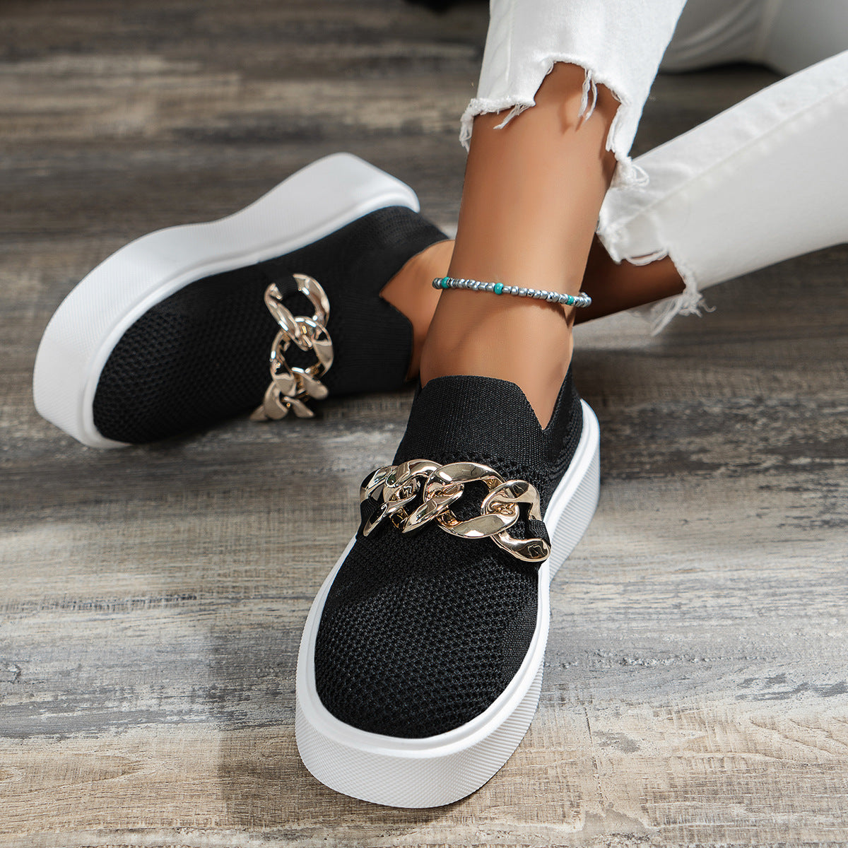 Sarah Express Breathable Mesh Chain Detail Slip-On Flats Black