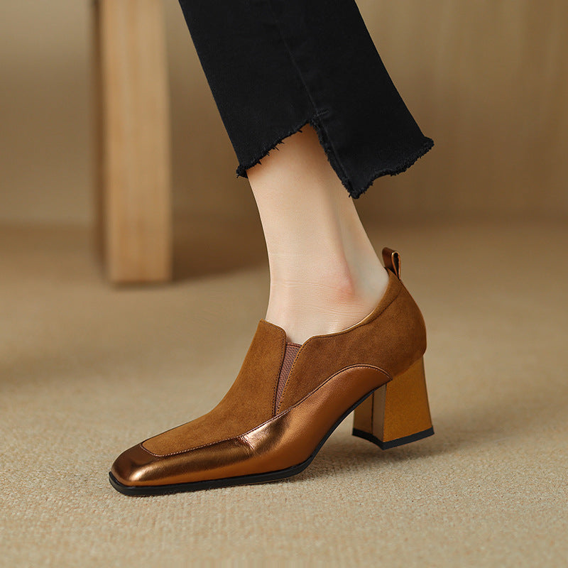 Sarah Express Women's Retro Square-Toe Chunky Heel Shoes