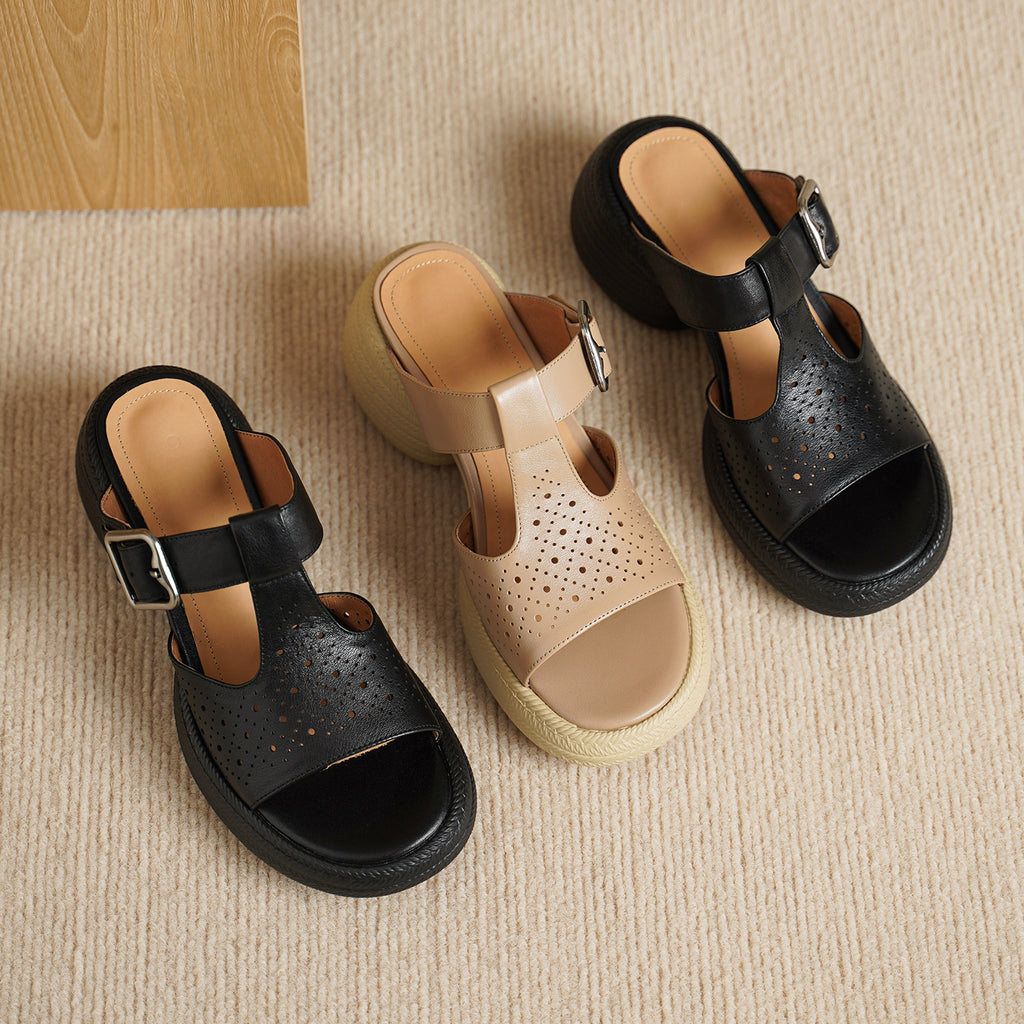 Sarah Express Perforated Leather T-Strap Platform Sandals