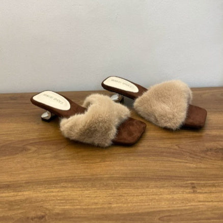 Sarah Express Chic French-Style Fluffy Square Toe Slippers