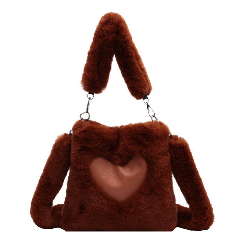 Sarah Express Plush Heart Detail Vertical Shoulder Bag Brown