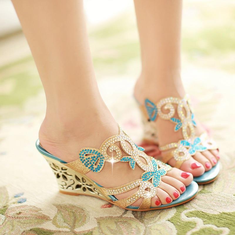 Sarah Express Rhinestone Wedge Sandals Peep Toe Slides