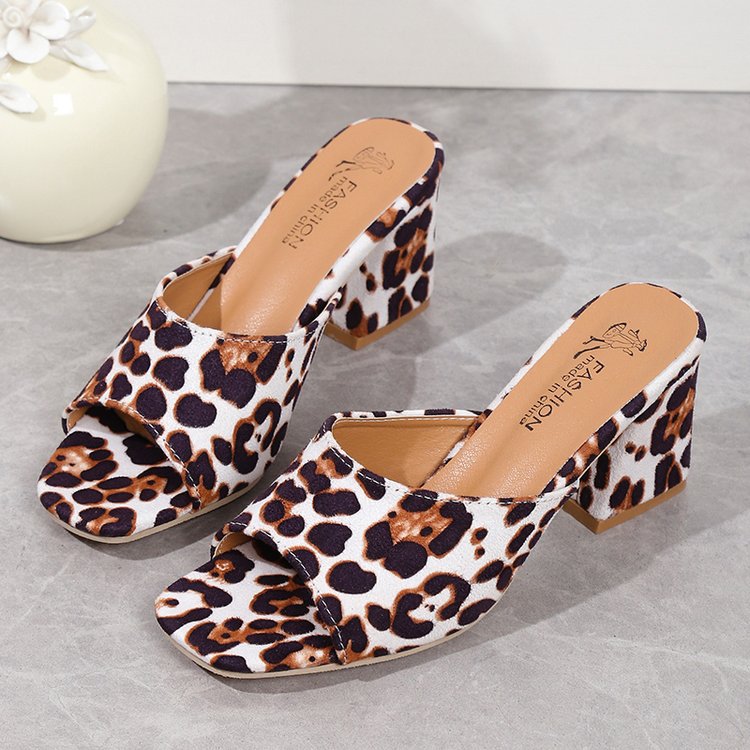 Sarah Express Leopard Print Square Toe Block Sandals White
