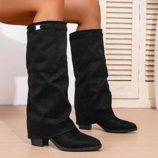 Sarah Express Chunky Heel Over-the-Knee British Style Boots Black Cloth Surface