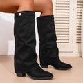 Sarah Express Chunky Heel Over-the-Knee British Style Boots Black Cloth Surface