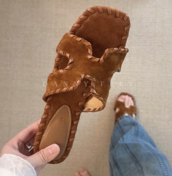 Sarah Express Suede One-Strap Wedge Slides Caramel