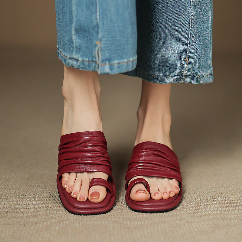 Sarah Express Handmade Sheepskin Ruched Toe-Loop Slide Sandals