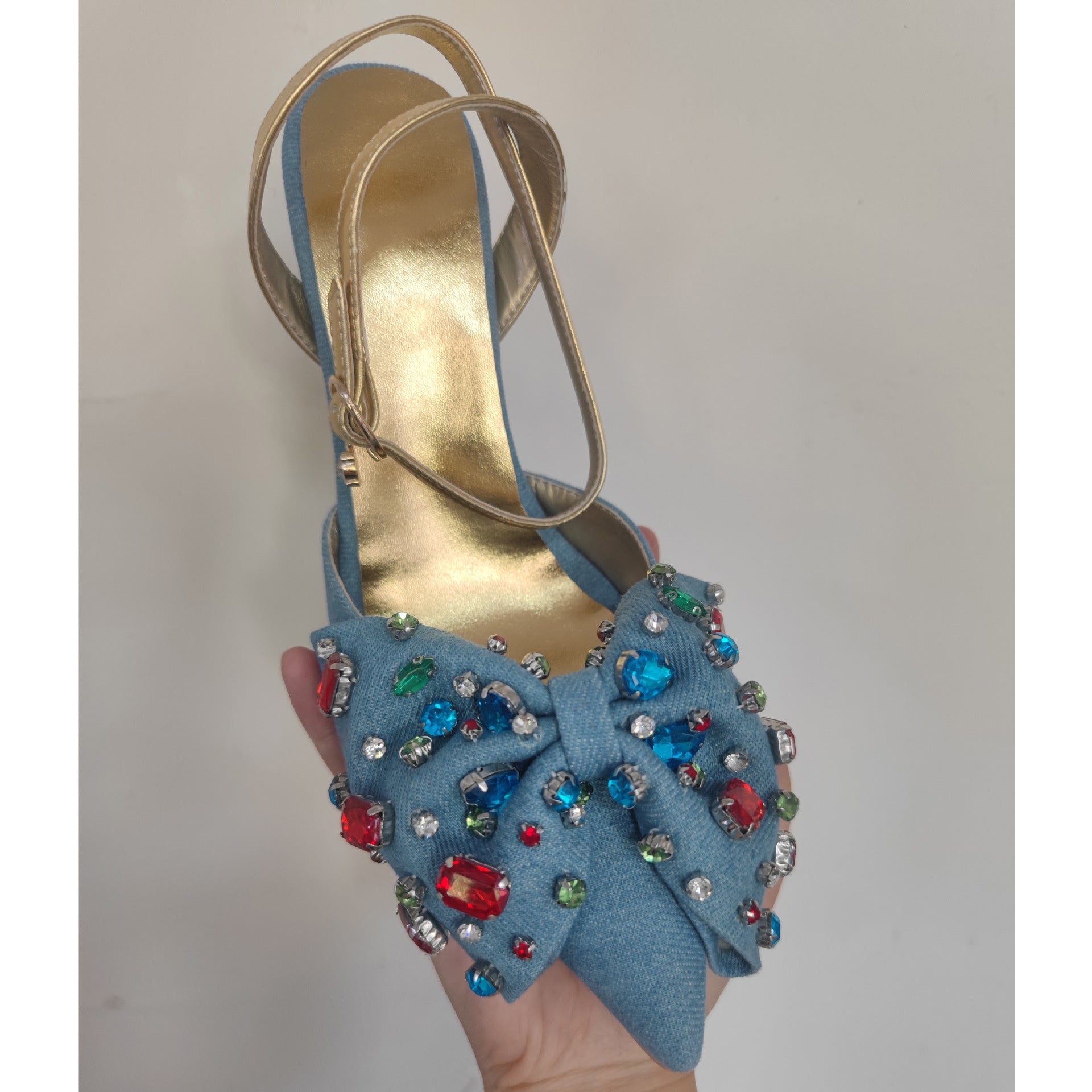 Sarah Express Denim Rhinestone Bow Pointed Toe Heels