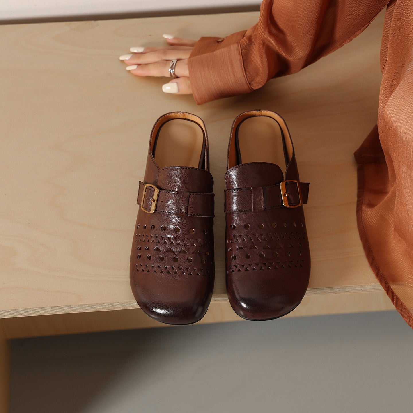 Sarah Express Perforated Cowhide Buckle Flat Mules