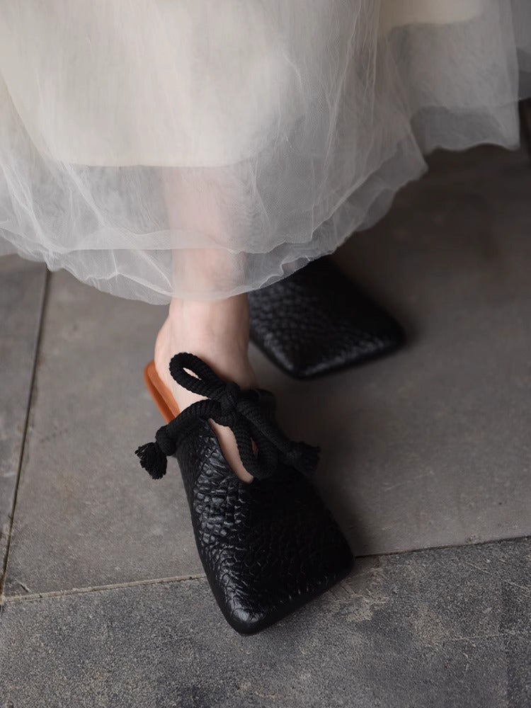 Sarah Express Square-Toe Retro Bow Tie Slide Sandals Black