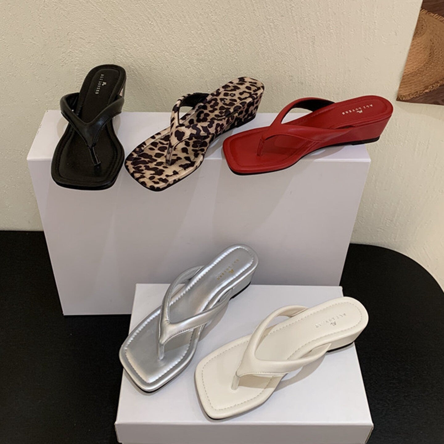 Sarah Express French Style Square Toe Wedge Sandals