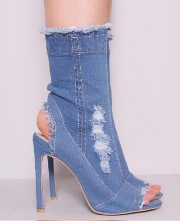 Sarah Express Peep Toe Distressed Denim Stiletto Boots