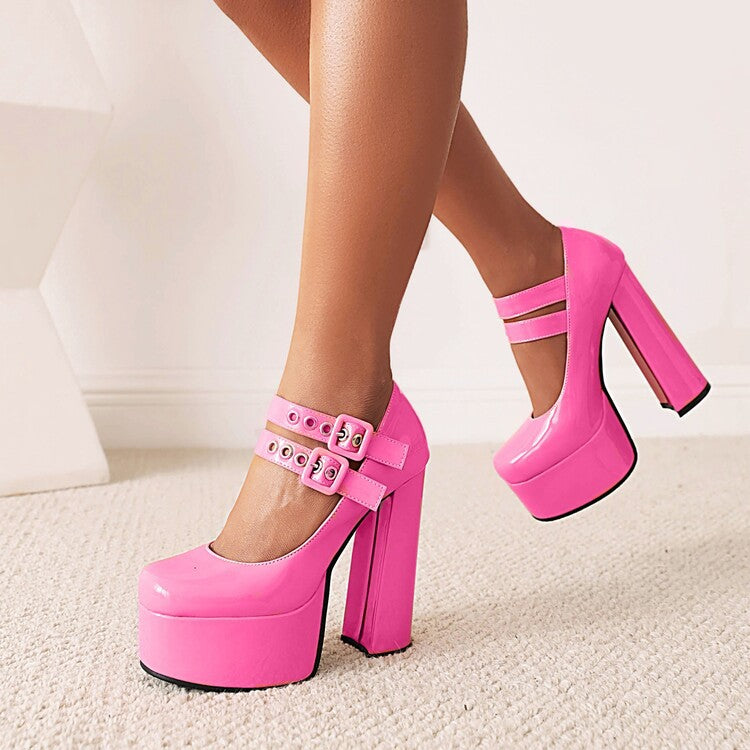 Sarah Express Round Toe Chunky Platform Buckle Heels