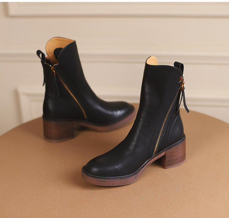 Sarah Express Retro Side Zipper Block Heel Boots