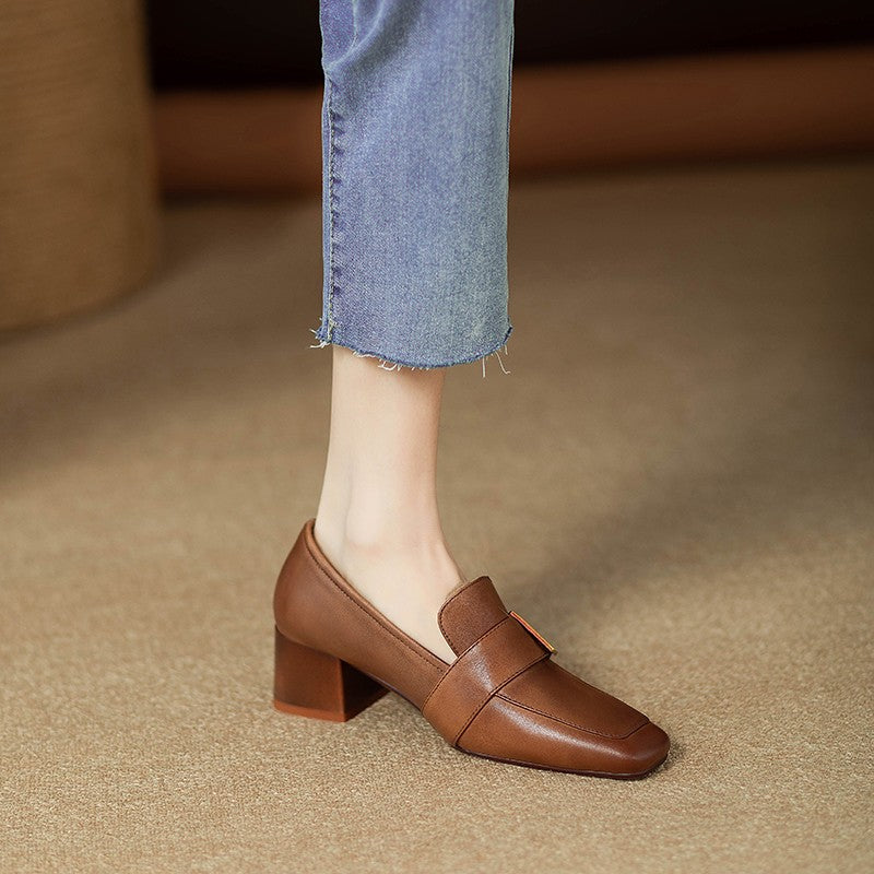 Sarah Express Retro Square Toe Chunky Heel Pumps