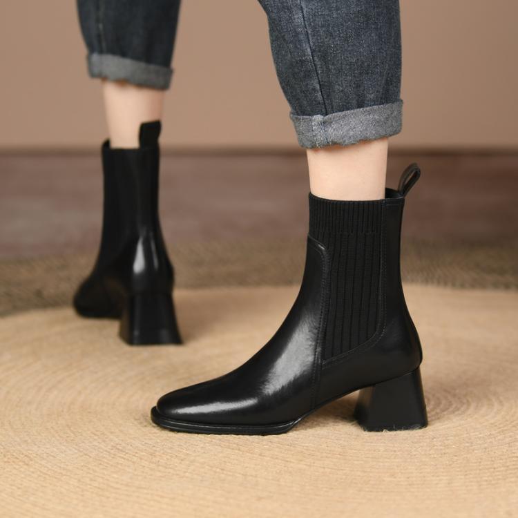 Sarah Express Vintage Square Toe Chunky Heel Ankle Boots