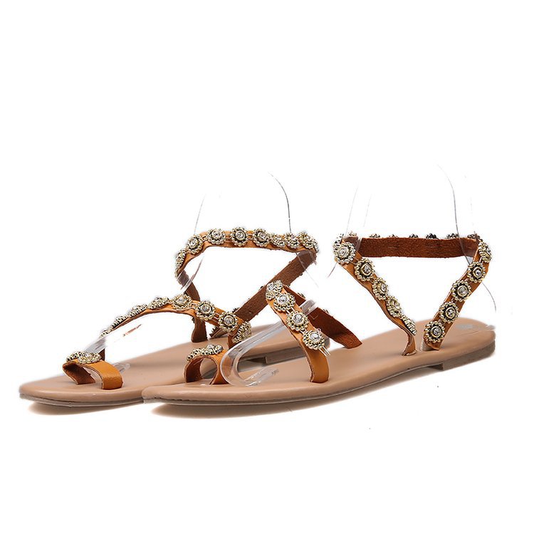 Sarah Express Rhinestone Lace Beading Flat Sandals