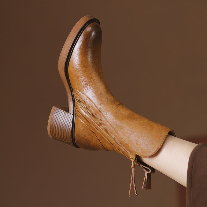 Sarah Express Retro Side Zipper Block Heel Boots