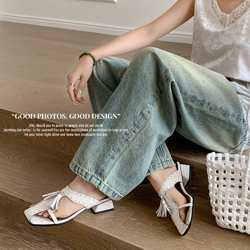 Sarah Express Women's Tassel Slide Sandals Block Heel Mules