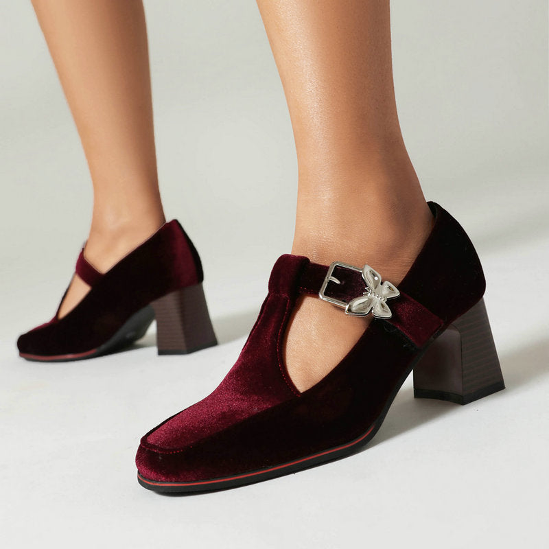 Sarah Express Suede Square Toe Block Heel Pumps